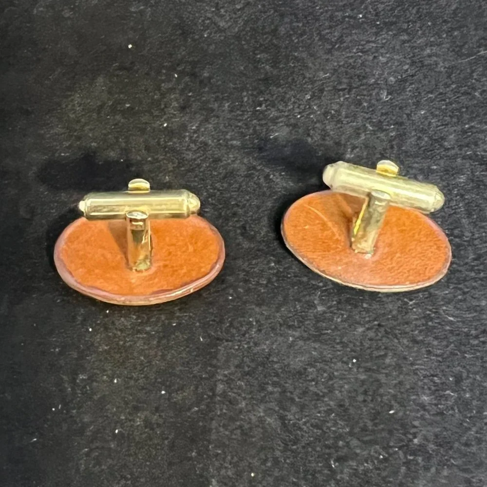 Vintage Buxton Oval Gold Tone Brown Faux Leather Cufflinks (2852)